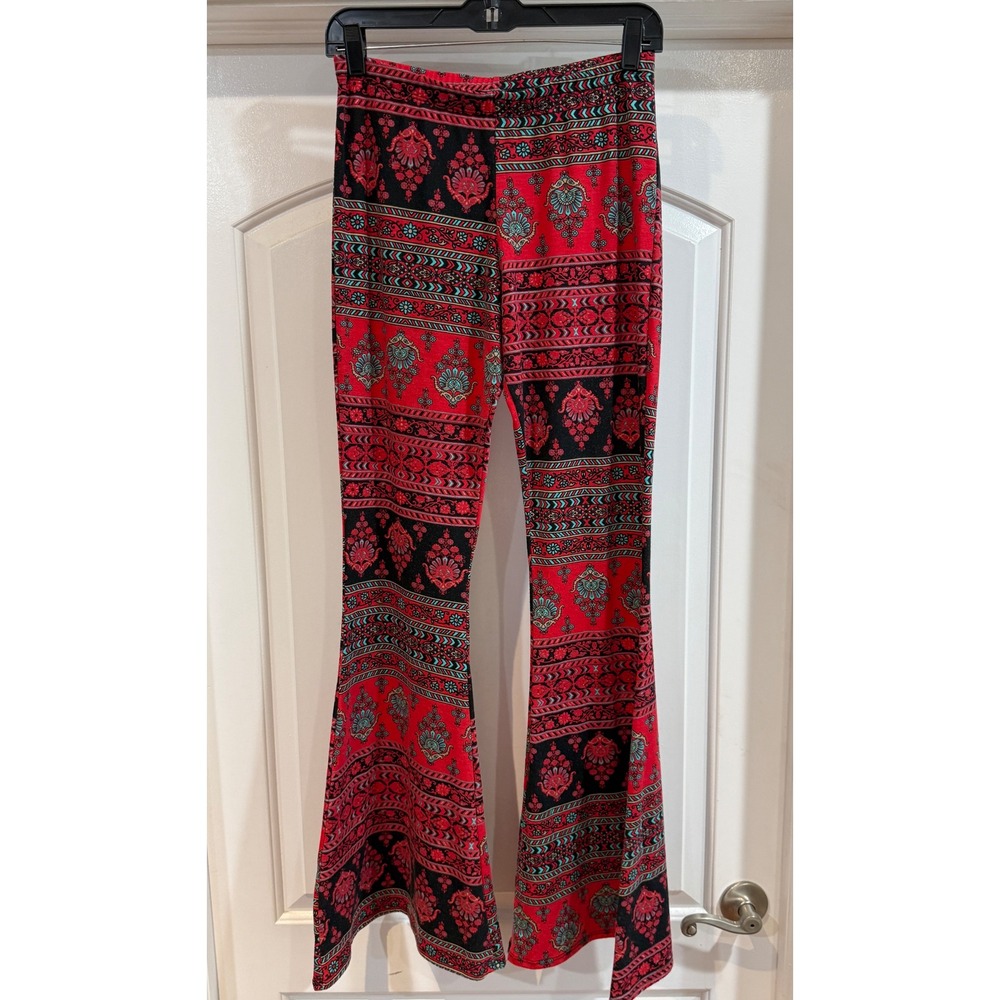 Friday Red Black Bohemian Paisley Flare Leg Bell Bottom Pants Size L Granola